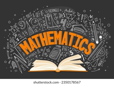 Mathematik Lehrbuch und Formeln auf der Tafel. Vektorhintergrund mit offenem Mathematik-Buch auf schwarzem Hintergrund mit Gleichungen, wissenschaftlichen Zeichen oder Symbolen. Schule, Hochschule oder Hochschulbildung