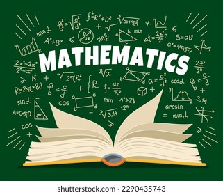 Libro de matemáticas, símbolo y fórmulas en el fondo del tablero escolar, educación vectorial. Libro abierto de ciencias matemáticas con ecuaciones de álgebra de tiza, formas de geometría, teoremas y gráficos trigonométricos