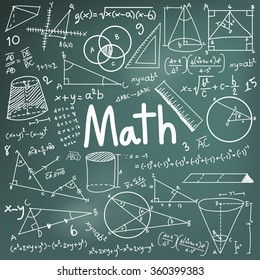 Math theory and mathematical formula equation doodle handwriting icon in blackboard background with hand drawn model used for school education and document decoration, create by vector