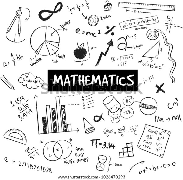 Math theory and\
mathematical formula equation and model or graph doodle handwriting\
icon in white isolated backgroundl used for school education,\
create by vector\
