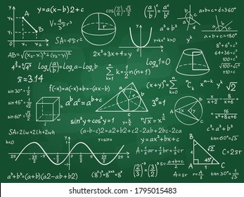 Math theory. Mathematics calculus on class chalkboard. Algebra and geometry science handwritten formulas vector education concept. Formula and theory on blackboard, science study illustration