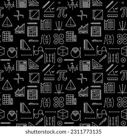 Math thin line dark pattern - Mathematics Education concept vector seamless background 