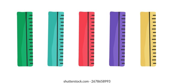 Herramientas matemáticas para dibujar geometrías, medidas, Reglas de colores. Ilustración vectorial plana aislada sobre fondo blanco