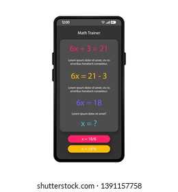 Math trainer app smartphone interface vector template. Mobile app page black design layout. Algebra test, exam screen. Flat UI for educational application. Calculations phone display