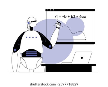 Math tutor by robot equipped with artificial intelligence, semi outline style, vector illustration.