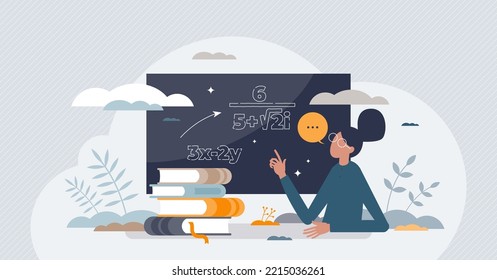 Math tutor as mathematics teacher for count learning tiny person concept. Student knowledge development with equation training and academic guidance vector illustration. Homework study assistance.