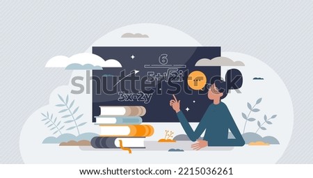 Math tutor as mathematics teacher for count learning tiny person concept. Student knowledge development with equation training and academic guidance vector illustration. Homework study assistance.