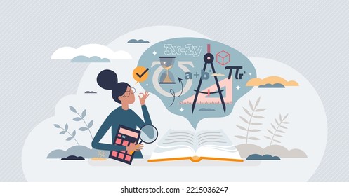 Math tutor and mathematics teacher explains equations tiny person concept. School staff assistance for better knowledge acquisition and academic guidance vector illustration. Calculation training.