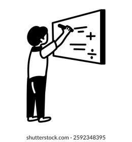 Math tutor writing on board, doodle style icon 
