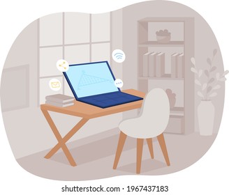 Math tutorial online 2D vector web banner, poster. Workplace with laptop. Workstation in grey room flat scene on cartoon background. E learning printable patch, colorful web element