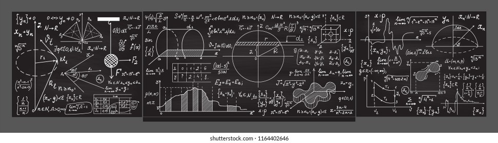 Math vector blackboard with handwritten math and physics formulas