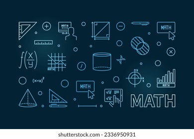 Math vector concept blue banner. Math horizontal modern illustration in outline style with dark background