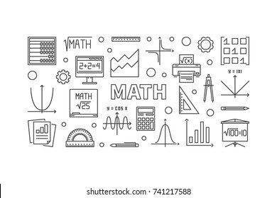 Math vector concept horizontal banner or illustration in thin line style on white background