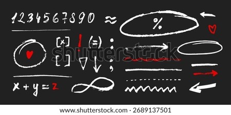 Math Vector doodle set with hand drawn chalkboard numbers, arrows, and other symbols. Crayon classroom sketch for school, education, and learning themes