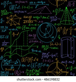 Math vector educational seamless pattern with multicolored formulas, equations, plots, functions and calculations. You can use any color of background