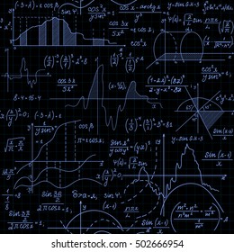 Math vector educational seamless pattern with multicolored formulas, equations, plots, functions and calculations. You can use any color of background