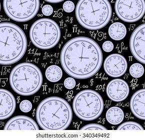 Math vector endless texture with mathematical clocks, formulas and equations