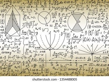 Math vector scientific seamless pattern with formulas, figures and equations, "handwritten on the old paper" effect