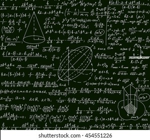 Math vector scientific technical seamless pattern with handwritten formulas, calculations, plots, signs, equations on a green background