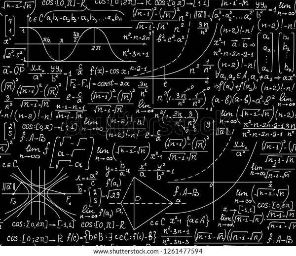 数式 数式 幾何学的な図形を含む シームレスな数学ベクター画像 黒板に白墨で手書き のベクター画像素材 ロイヤリティフリー