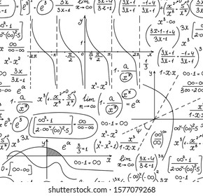 Math vector seamless background with formulas, plots and equations handwritten on a white paper