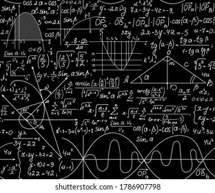 Math vector seamless background with formulas, calculations, geometry figures, chalk writings on school blackboard 