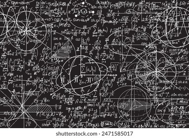 Math vector seamless background with formulas and figures shuffled together