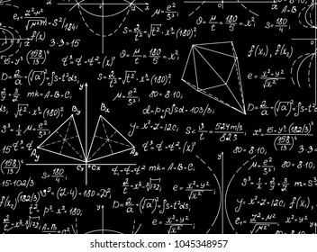 Math vector seamless background with handwritten equations, calculations, formulas, figures and plots