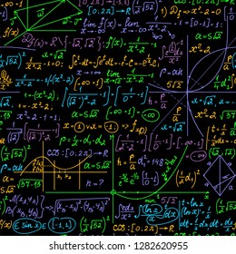 Math vector seamless background with handwritten multicolored mathematical formulas, calculations, equations