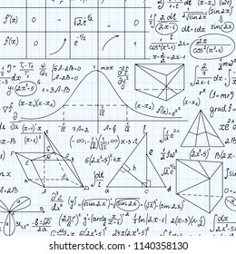 Math vector seamless endless texture with formulas, figures and equations, handwritten with pen on school grid copybook paper