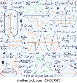 Math vector seamless pattern with equations, figures, formulas, plots and other calculations, handwritten on grid copybook paper, different colors