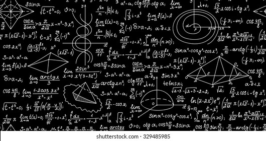 Math vector seamless pattern with  formulas, geometrical plots and calculations. Endless texture. You can use any color of background