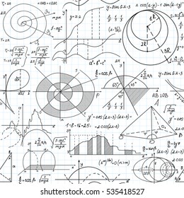 Math Vector Seamless Pattern With Formulas, Figures And Equations Handwritten On Grid Copybook Paper