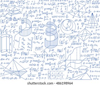 Math vector seamless pattern with geometrical plots, formulas and calculations, handwritten with ink pen on white paper. Education colorful endless texture. You can use any color of background