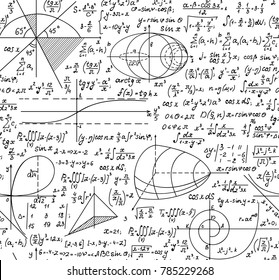 Math vector seamless pattern with geometrical figures and formulas, "handwritten on a white sheet of paper"