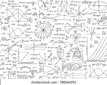 Math vector seamless pattern with geometrical figures, plots and formulas, "handwritten on a white copybook paper". Endless scientific texture