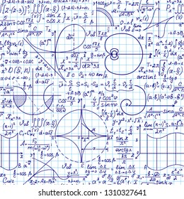 Math vector seamless pattern with handwritten mathematical and physical formulas, figures and calculations, copybook sheet of paper