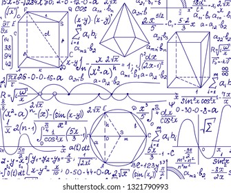 Math vector seamless pattern with handwritten formulas, plots and scientific calculations