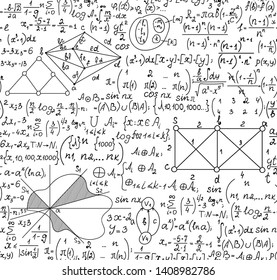 Math vector seamless pattern with handwritten algebra and geometry formulas, functions, calculations