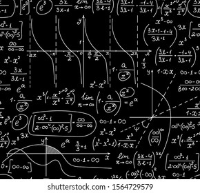 Math vector seamless pattern with handwritten mathematical formulas, calculations, figures, chalk writings on blackboard