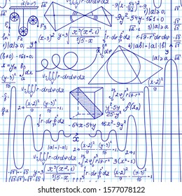 Math vector seamless pattern with handwritten formulas on a grid copybook background