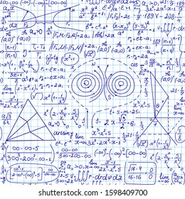 Math vector seamless pattern with handwritten algebra and physics formulas on a grid copybook sheet of paper