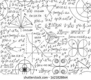 Math vector seamless pattern with handwritten scientific formulas, task solutions and calculations