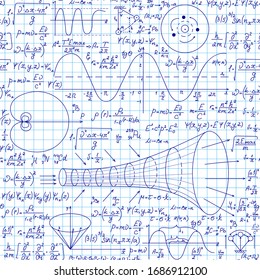 Math vector seamless pattern with handwritten mathematical and physical formulas on the copybook sheet of paper