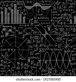 Math vector seamless pattern with handwritten algebra formulas, plots, calculations