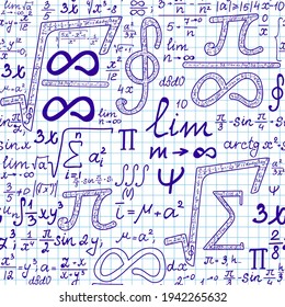 Math vector seamless pattern with handwritten formulas, infinity symbols, square root expressions