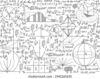 Math vector seamless pattern with handwritten mathematical formulas, equations and calculations