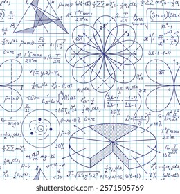 Math vector seamless pattern with handwritten mathematical and physics formulas, equations and figures on grid copybook sheet