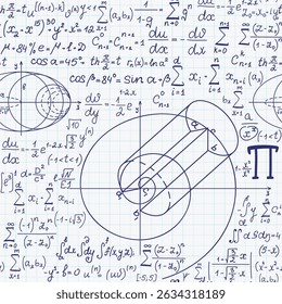 Math vector seamless pattern with handwritten mathematical and physics figures, formulas and equations, white copybook paper