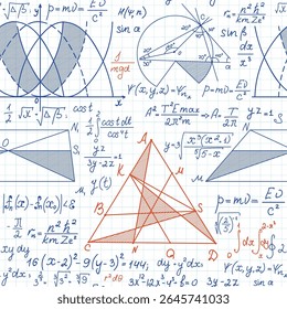 Math vector seamless pattern with handwritten formulas, equations and figures on copybook paper, different colors 